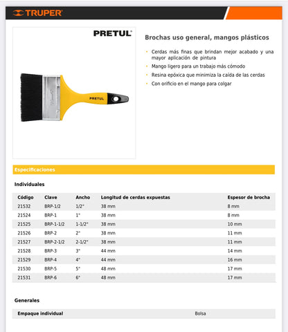 Brochas uso general, mango de plástico, Pretul de 1/2" hasta 6"