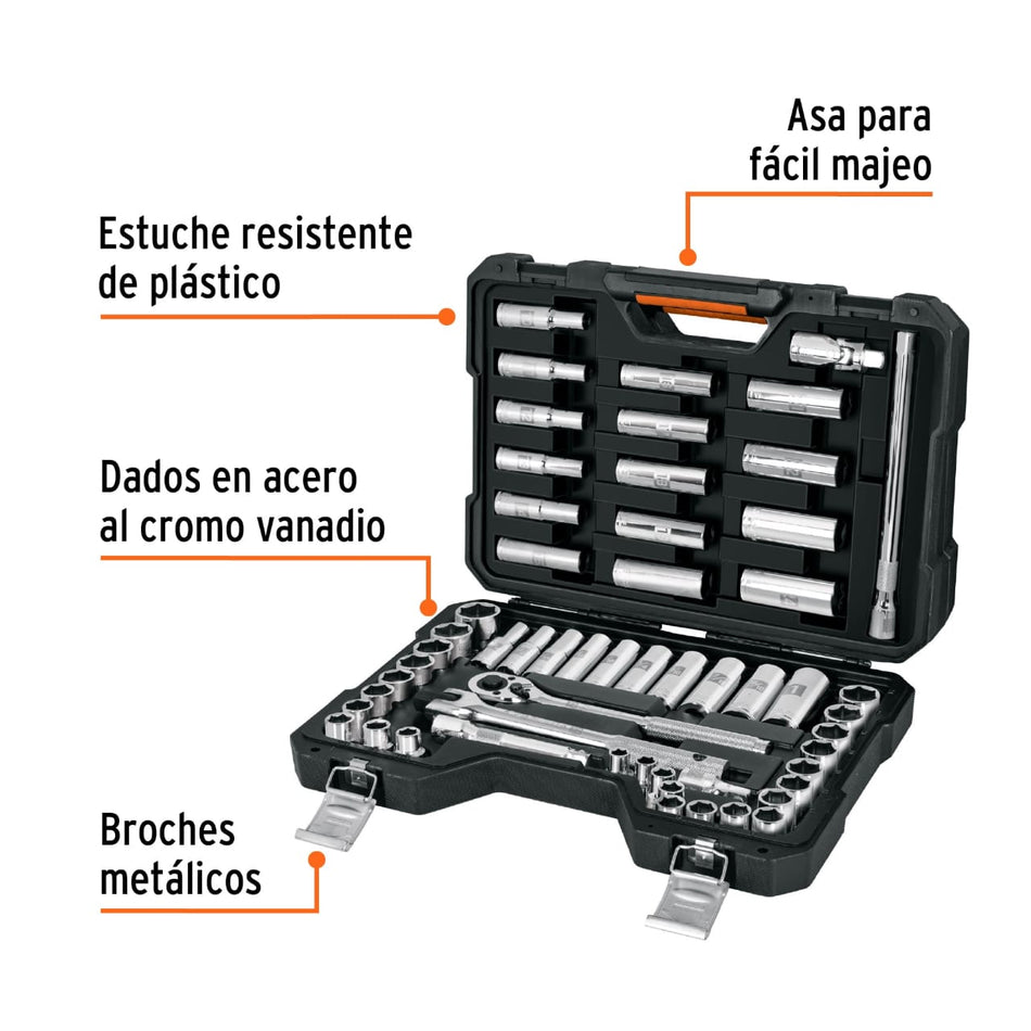 Juego de 56 herramientas cuadro 1/2" std y mm para Mecánico, Autocle, Mantenimiento.