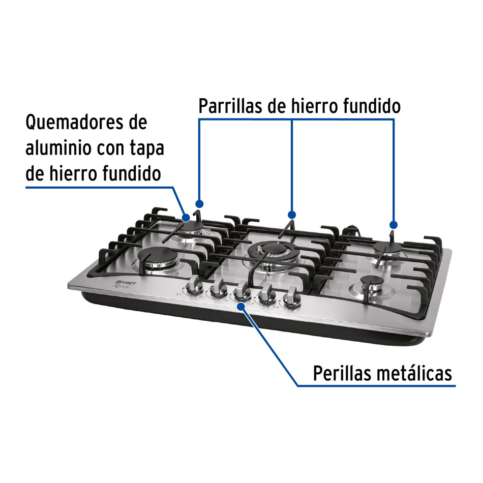 Parrilla de gas empotrable 5 quemadores, acero,inoxidable Foset, Estufa, Asador, Cocina