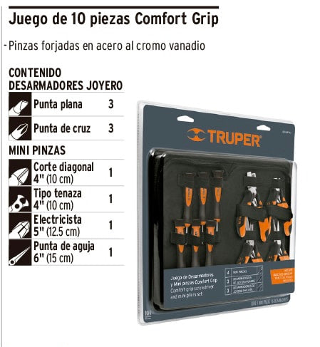 Juego 6 desarmadores de joyero y 4 mini pinzas Comfort Grip Truper