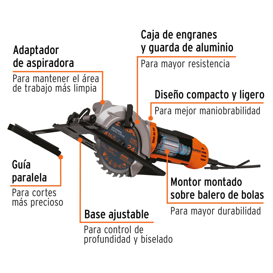 Sierra circular compacta 4-1/2" 750 W, profesional, Truper Corte de Madera