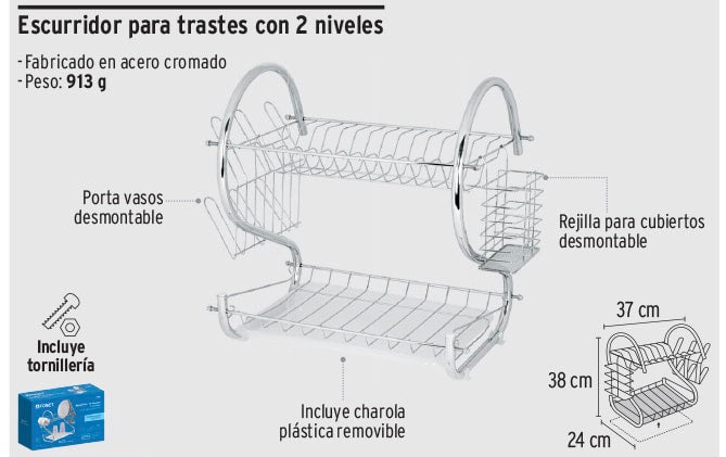 Escurridor de acero cromado con 2 niveles para trastes, Para