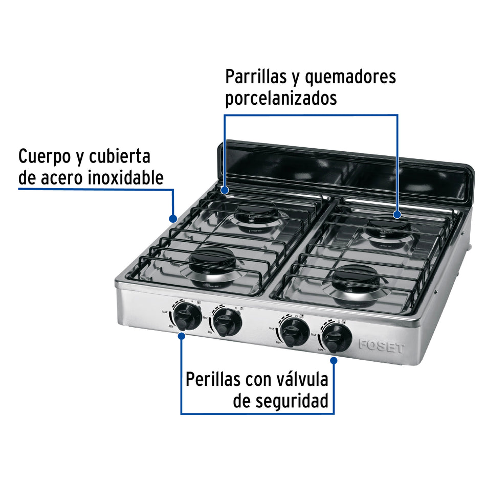 Parrilla de gas de sobreponer 4 quemadores, inoxidable,Foset, Estufa, Asador, Cocina