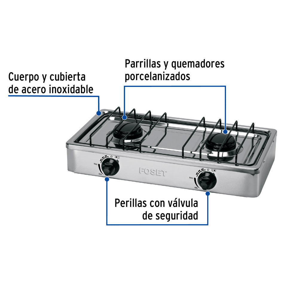 Parrilla de gas de sobreponer 2 quemadores, Inoxidable , Foset, Estufa, Asador, Cocina