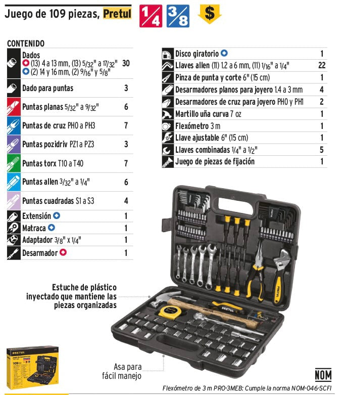 Juego de 109 herramientas, Pretul, Mecanico, Autocle, Tool set.