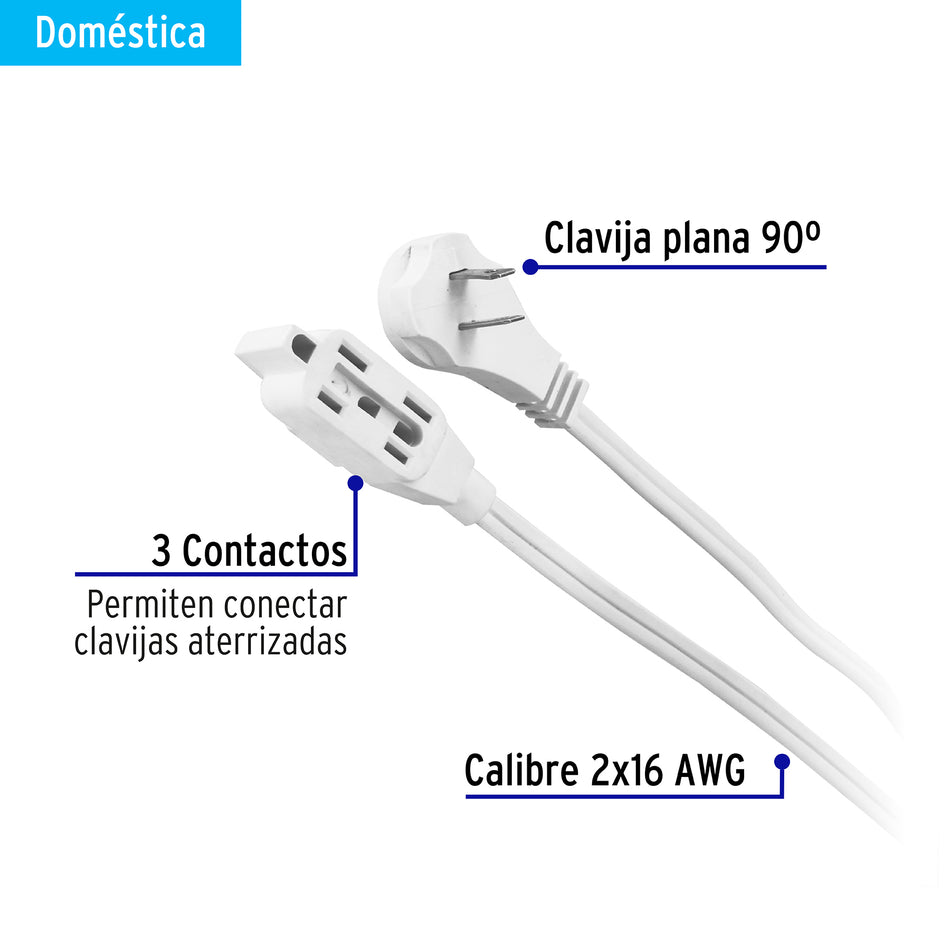 Extensión eléctrica doméstica 6 m blanca con clavija plana