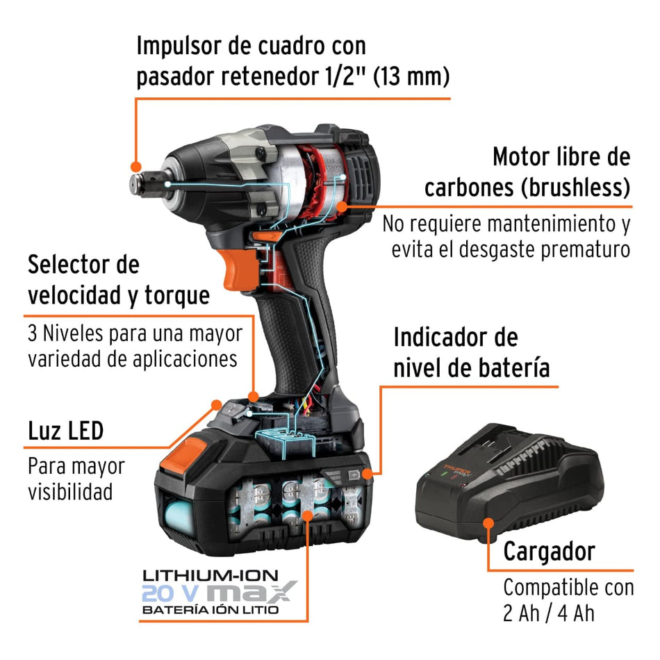 Llave de impacto inalámbrica 1/2", 20 V, sin carbones Truper