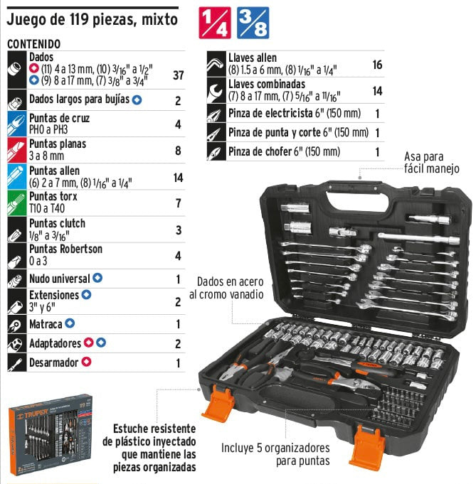 Juego de 119 herramientas 1/4" y 3/8" mixtas para Mecánico, Mantenimiento, Autocle.