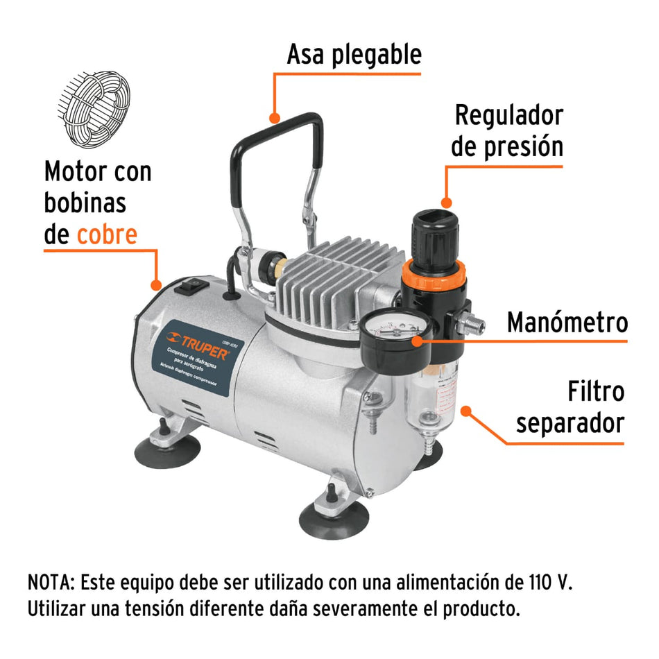 Compresor de diafragma para aerógrafo, 1/5 HP, 110 V Truper para artistas y diseñadores gráficos.