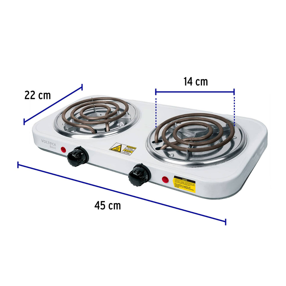 Parrilla eléctrica 2 quemadores, rectangular, Volteck Basic.