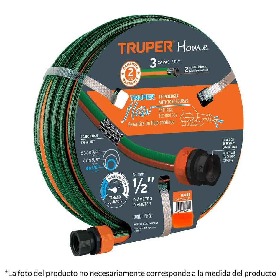 Mangueras reforzadas, conexiones plásticas con diámetro de 1/2" de 10 a 25m Truper Home.