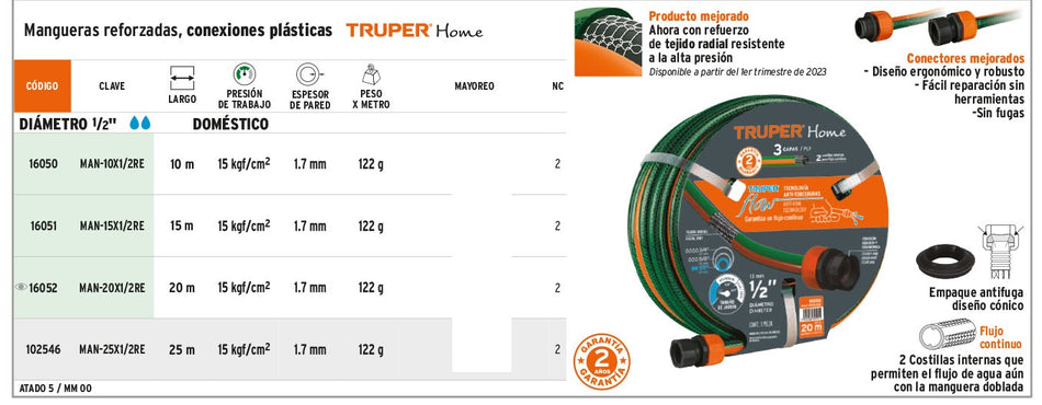 Mangueras reforzadas, conexiones plásticas con diámetro de 1/2" de 10 a 25m Truper Home.